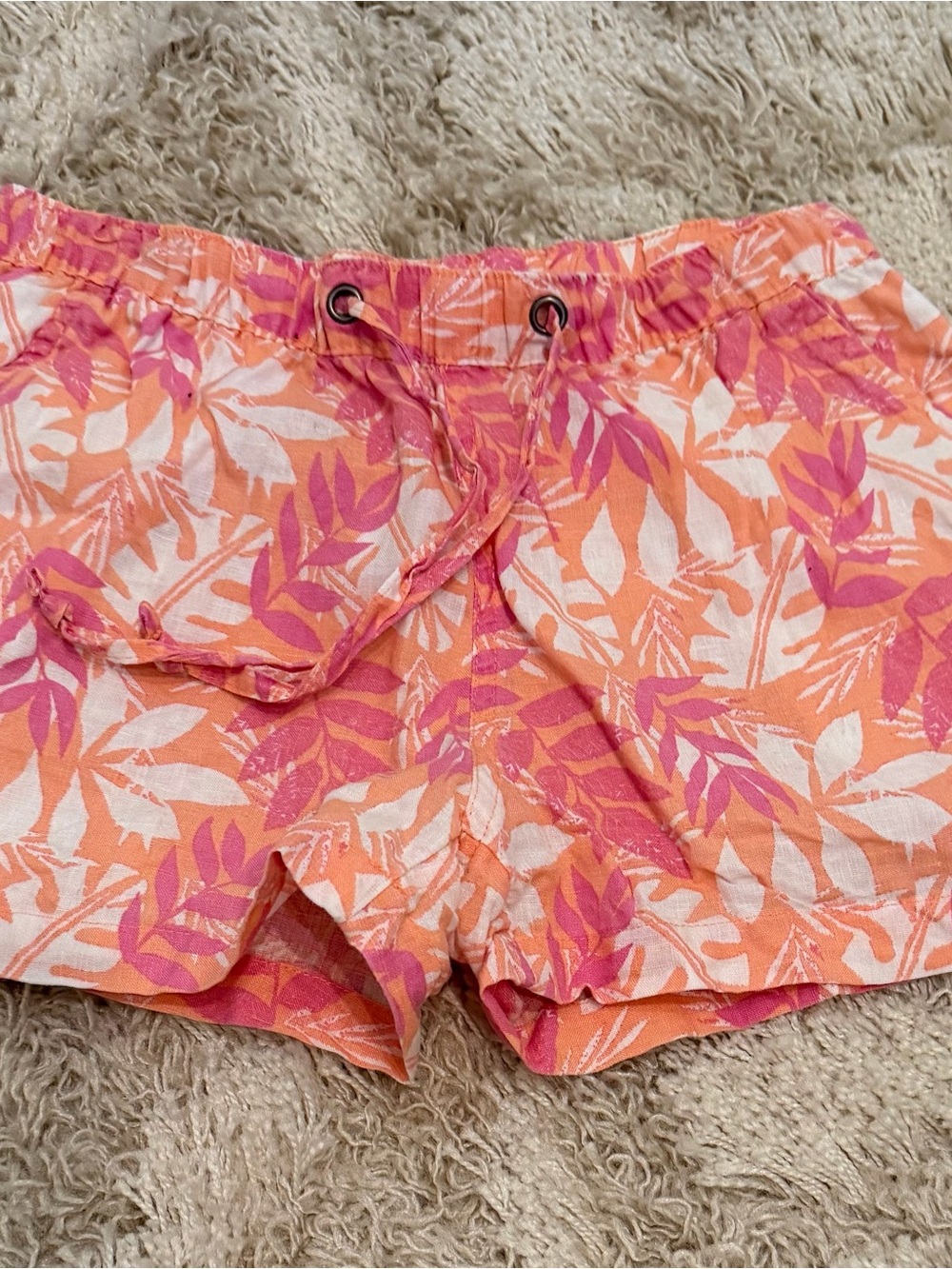 Women’s Linen Pink & Orange Leaf-Print Casual Drawstring Shorts